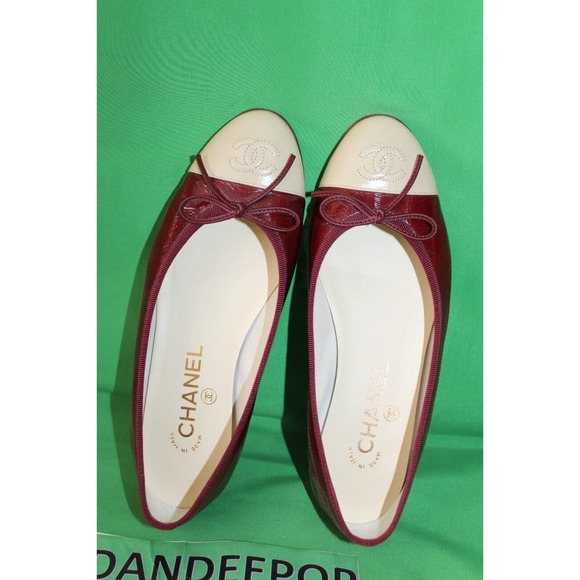 Chanel Designer Ballet Flats Burgundy Beige Logo Shoes Italy Size Women's 36.5 - Picture 13 of 14